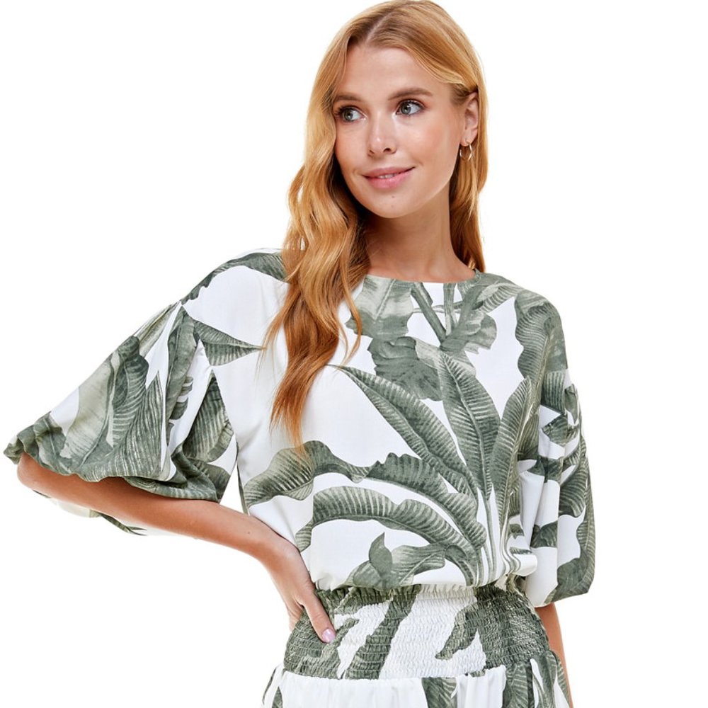 TCEC | NWOT |  Bubble Sleeves Palm Tree Top | S | Green